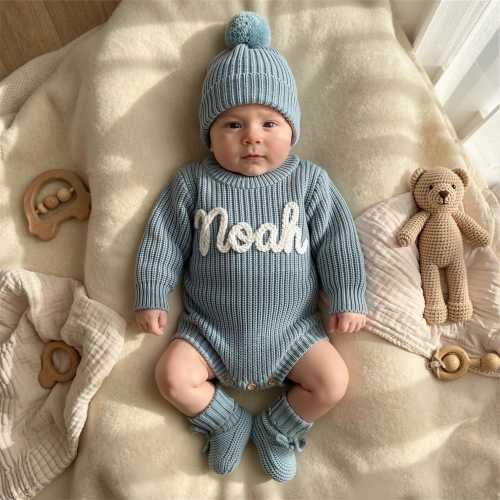 Hand Embroidered Name Baby Romper Set,Personalized Outfit, Baby boy Romper, Coming Home, Organic Cotton Knit,Gender Neutral