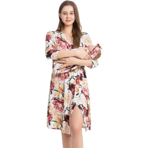 Galabloomer Maternity Robe and Baby Receiving Blanket, Matching Mommy Labor Delivery Robe and Swaddle Set Ivory Floral