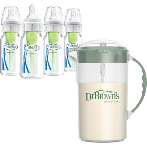 Dr. Brown's Baby Formula Mixing Pitcher 32oz, Olive with Anti-Colic Options+ Narrow Baby Bottles, 4 Pack, 4 oz
