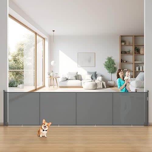 200 Inch Retractable Baby Gates Extra Wide, 42 Inch Tall Retractable Gate, 16.5 FT Reinforced Retractable Dog Gate with Rods & Hooks to Prevent Crawling Through, for Stairs, Indoor/Outdoor, Gray