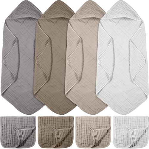 VitalCozy 8 Pcs Baby Muslin Hooded Bath Towels and Washcloths Muslin Cotton Hooded Baby Towels Absorbent Blankets for Gift Newborn Infant Shower (32 x 32 Inch,Neutral Colors)