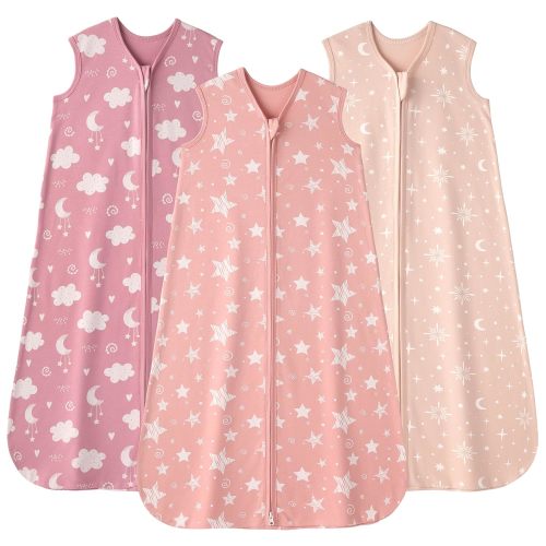 FIEMOL Baby Sleep Sack 6-12 months, 100% Cotton Sleeping Sack for Newborn and Infant, 3 Pack Baby Wearable Blanket, 0.5 Tog Lightweight Double Zipper Sleep Bag Medium Pink Stars Moon