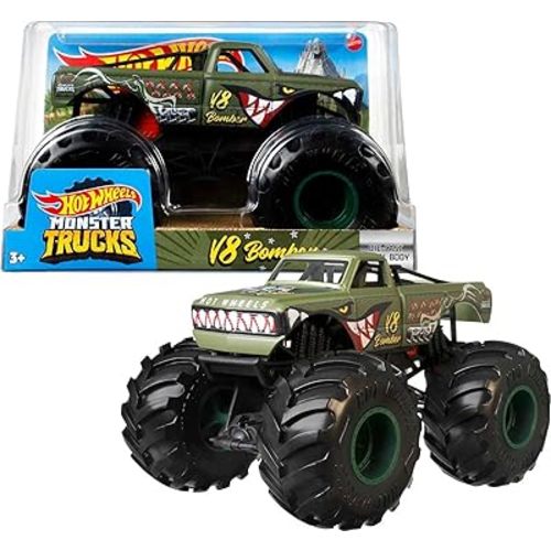 Hot Wheels Monster Truck 1:24 Scale Green Bomber Vehicle with Giant Wheels for Kids Age 3 to 8 Years Old Great Gift Toy Trucks Large Scale
