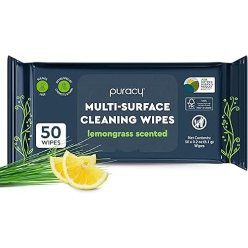 Puracy All Purpose Cleaning Wipes – Non Toxic Multi-Surface Cleaner & Appliance Wipes for Car, Bathroom, Kitchen – Lemongrass Scent (50 Count, 1 Pack)