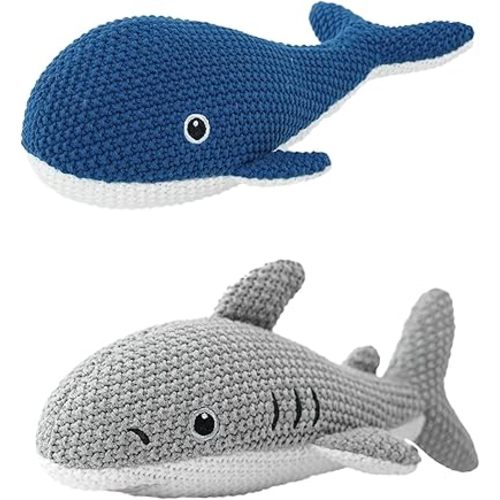 Crochet Stuffed Animals 2-Pack (Shark & Whale), 10 Inches Soft Cotton Ocean Plush Toys, Cute Hand-Crocheted Sea Plushies, Birthday for Boys Girls Kids & Adults