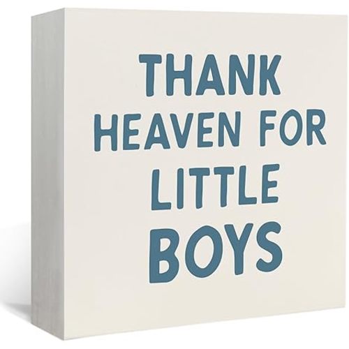 Lacama Boy Nursery Wooden Box Sign, Thank Heaven for Little Boys Decorations Wood Block Signs, Retro Blue Wood Sign for Toddler Little Boys Nursery Room Desk Shelf Wall Decor 5x5 Inches
