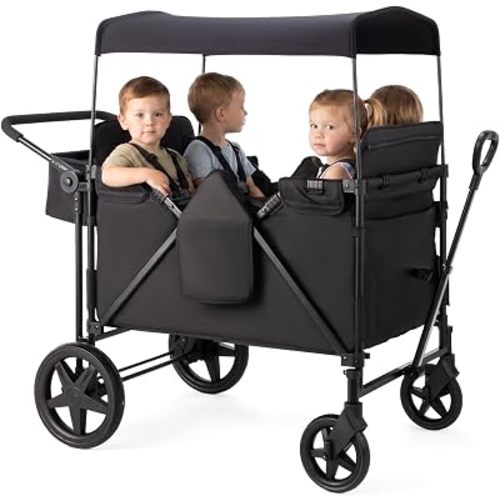 ZTDM Wagon for Kids, Wagon Stroller with 4 Raised High Seat, Removable Canopy, All Terrain Wheels, Foldable, Adjustable Push & Pull Handle, Storage Bag (Black)