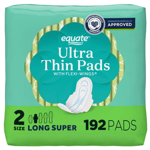 Equate Ultra Thin Pads with Wings, Size 2, Long Super Absorbency, Compare to Always (192 Count)
