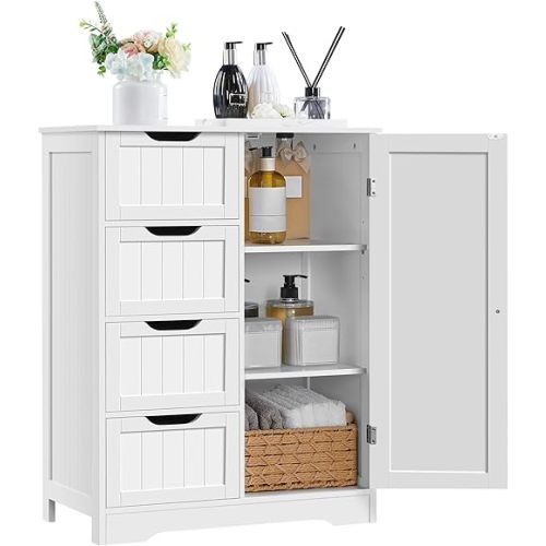 Yaheetech Large Bathroom Floor Cabinet with 4 Dawers and Single Door Cabinet, Freestanding Storage Cabinet for Living Room Kitchen Hallway, White