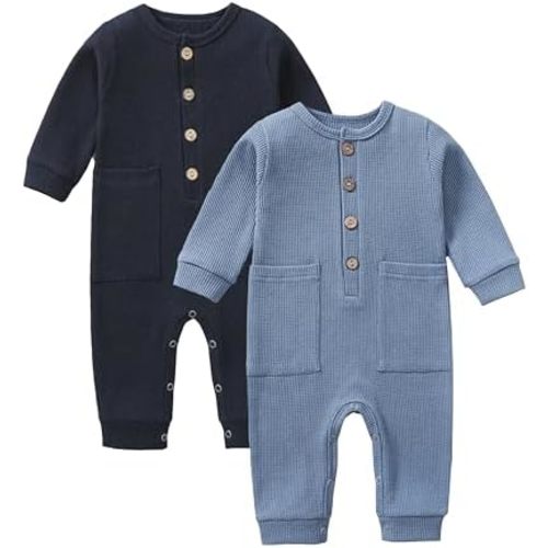 BeiVSlley Newborn Baby Boy Girl 2 Pack Button Solid Romper Infant Long sleeve Knit Cotton Footless Outfits Clothes