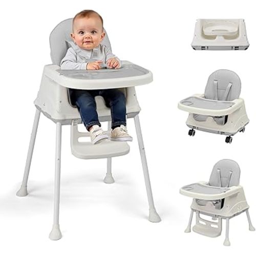 Ktaxon 6-in-1 Baby High Chair, Portable Convertible Highchair with Removable Dual-Layer Tray, 5-Point Safety Harness and Locking Wheels for Toddlers & Babies, Grey
