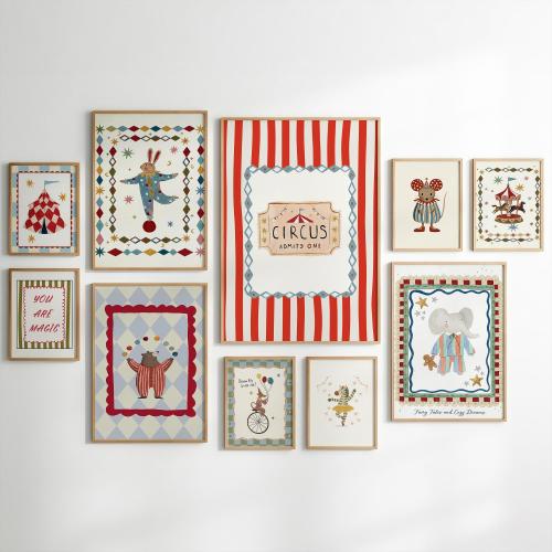 Vintage Circus Nursery Wall Art Set of 10, Kids Room Decor, Whimsical Circus Animal Prints, Retro Carnival Playroom Decor (Digital Download)