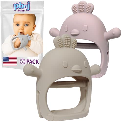 PBnJ Baby, Silicone Teether Glove, Baby Toys 0-6 Months, Mittens for Infants use as Teething Pacifier, Teething Toys 3-6 Months, Teethers for Babies 6-12 Mon, 6 Mo Old Must Haves - 2 Pack Beige/Pink