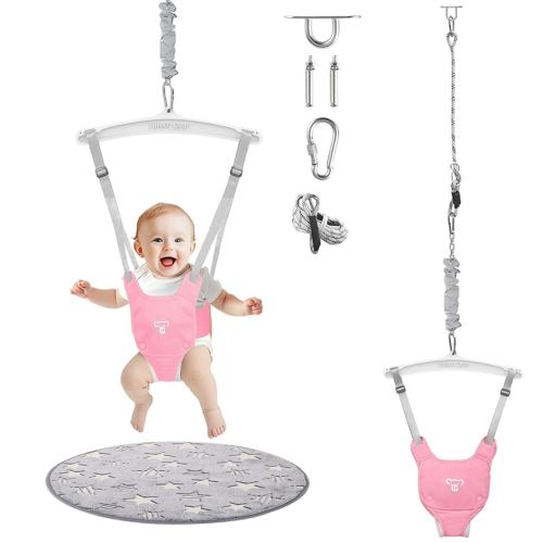 Baby Jumper with a Ceiling Hook for Infant & Toddlers, Kids Door Jumper with Adjustable Chain, Protable Baby Jumpers and Bouncers for Indoor/Outdoor, Baby Doorway Jumper with Soft Rug