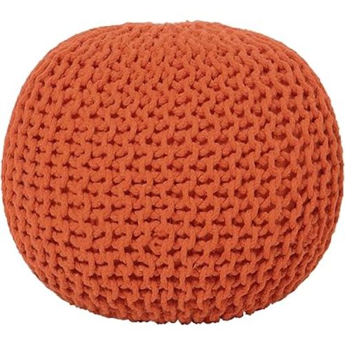 REDEARTH Round Pouf Ottoman - Hand Knitted Cable Boho Poof - Pouffe Circular Footrest for Living Room - Bedroom - Patio - 100% Cotton (19.5"x19.5"x14") - Burnt Orange