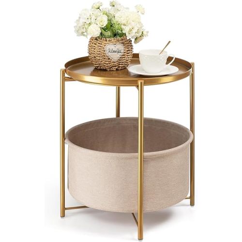 danpinera Round Side Table with Fabric Storage Basket, Metal Side Small Bedside Table Nightstand with Removable Tray Top for Living Room, Bedroom, Nursery, Laundry, Gold