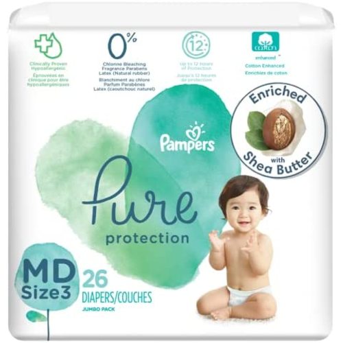 Diapers Size 3, 26 Count - Pampers Pure Protection Disposable Baby Diapers, Hypoallergenic and Unscented Protection, Jumbo Pack (Packaging & Prints May Vary)