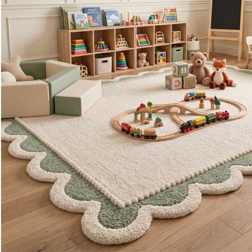 Hand Tufted Rug with Scalloped Border, Sage Green & Cream Wool Area Rug