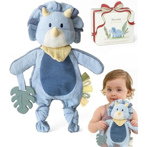 Moonkie Baby Lovey with Silicone Teether, Dinosaur Security Blanket with Textured Ribbons, Crinkle Toys, Soft Minky Velour & Natural Cotton, Newborn Boys Gifts for Baby Shower & Birthday