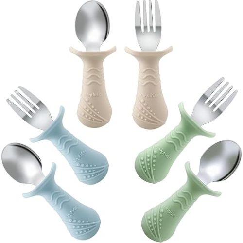 PandaEar Baby Toddler Fork and Spoon Utensil Set, 6 Pack Silicone Stainless Steel Silverware Spoon Fork for Babies Toddler, BPA Free with Silicone Holding Anti-Choke Design (Green Blue Brown)