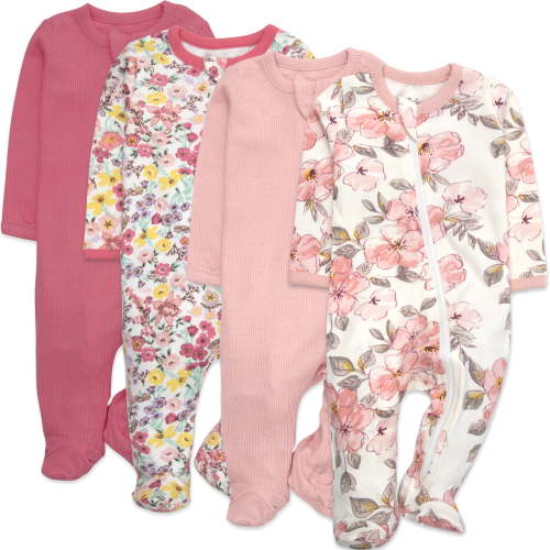 Baby Essentials Infant Girls 6 Months 4 Pack Sleepwear Footie Bodysuits