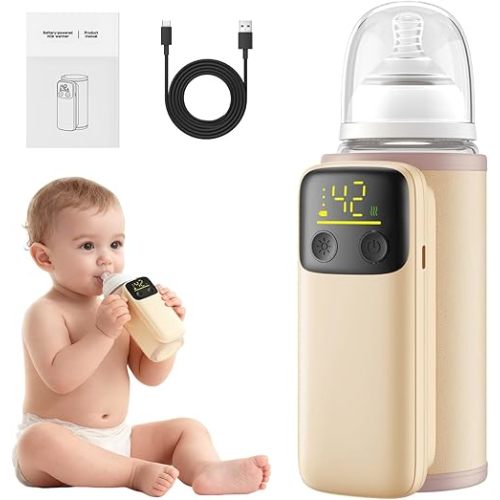 Portable Baby Bottle Warmer with 8000mAh Battery Suitable for Breastmilk and Formula Feeding Travel Baby Bottle Warmer for Breastmilk Waterless Heating System Digital Display Keeps Warm While Feeding