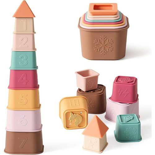 Baby Stacking Cups Toy, Silicone Stacking Tower Educational Baby Toys 6M+, Soft Teething Building Blocks 8 Pcs, BPA Free Sensory Infant Toy, Bath & Beach Toys, Vintage Neutral Colors-Gentle