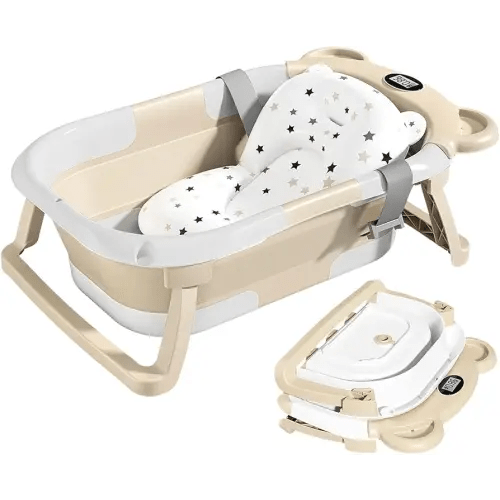 TPN Collapsible Baby Bathtub, Baby Bath Tub with Soft Cushion & Real-Time Thermometer, Baby Bathtub Infant to Toddler Tub (0-36 Months), Portable Travel Baby Tubs for Newborns (Beige)