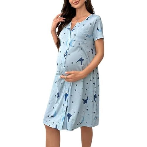 Maternity Nursing Nightgown, Labor Delivery Gown, Short Sleeve Button Down Postpartum Sleepwear for Breastfeeding