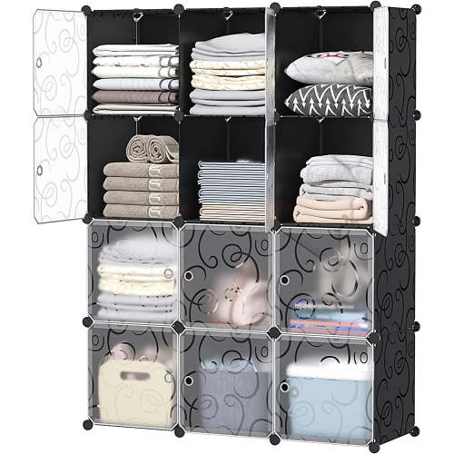Ktaxon 12-Cube DIY Portable Closet, Plastic Bookshlef Wardrobe Cabinet Storage Organizer w/Doors, Black