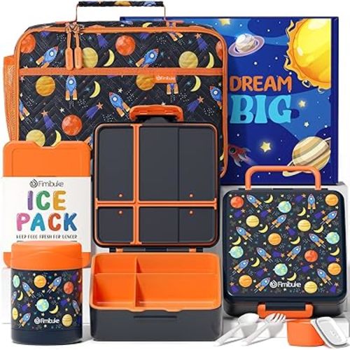 Fimibuke Kids Bento Snack Lunch Box with 4 Compartment, Insulated Lunch Bag, Stainless Steel Vacuum Thermo Food Jar, Ice Pack, Utensils Set, Birthday Gifts for Age 3-12 Back to School Toddler Girl Boy