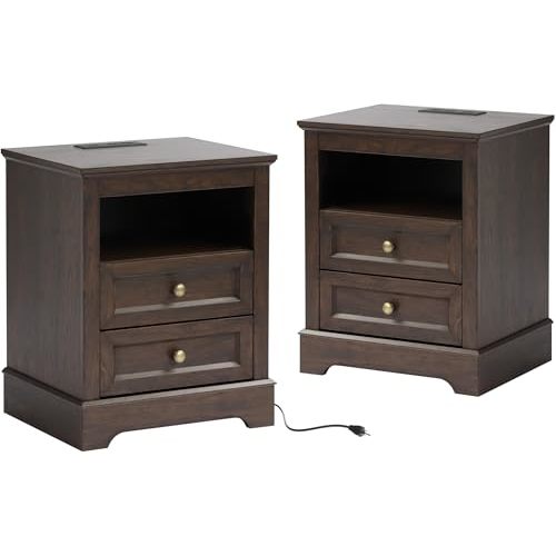 LOUVIXA Nightstand with Charging Station Set of 2, Farmhouse Night Stand with 2 Drawers, Bedside Cabinet for Bedroom, End Table Side Table with Storage (2, Standard Brown)