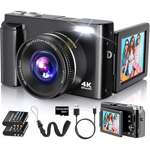 Duluvulu 4K Digital Camera for Photography Autofocus, 2026 Latest 48MP Vlogging Camera for YouTube with SD Card, 2 Batteries, 3" 180°Flip Screen Compact Travel Camera for Teens with 16X Zoom,Black