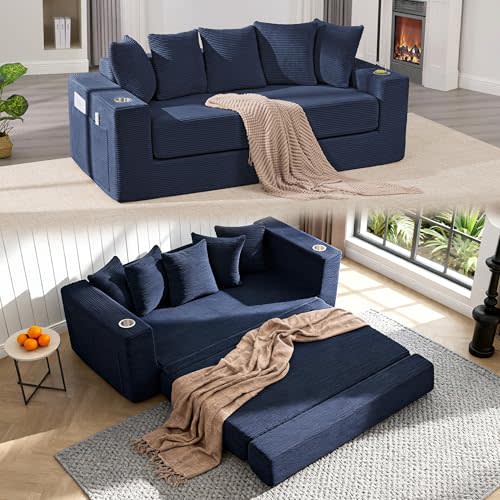 76" Convertible Sofa Bed, Corduroy Boneless Couch with Cup Holders & Pocket | 2-in-1 Sleeper Sofa, Pull-out Couch Bed with 5 Pillows, Living Room, Small Spaces, Bedroom, No Assembly
