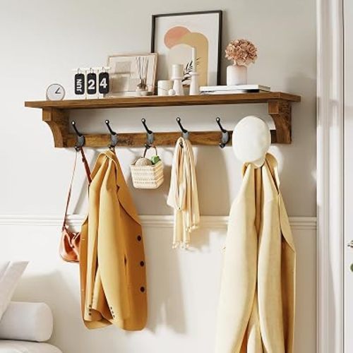 RALGEND Coat Rack Wall Mount Shelf, 29" Long Entryway Shelf with 6 Hooks, Coat Hangers for Living Room, Farmhouse Wooden Wall Floating Shelves for Bathroom, Bedroom, Kitchen, Rustic Brown 7401BJBF