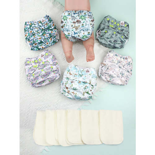POCKET DIAPER 3.0 WITH INSERTS - 6 PACK(Cute Dinosaurs)