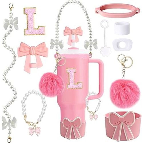 10PCS Water Glasses Cup Accessories Set for 30oz 40oz Tumbler, Includes Bow-Pearl Strap, Straw Toppers& Boot, Cute Charms, Letter Sticker, Spill Proof Stoppers, no cup (pink-10, L)