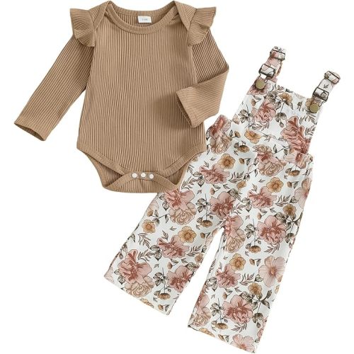 Newborn Baby Girl Fall Outfits Ribbed Long Sleeve Rompers Suspender Overalls Pants Sets Infant 2Pcs Clothes