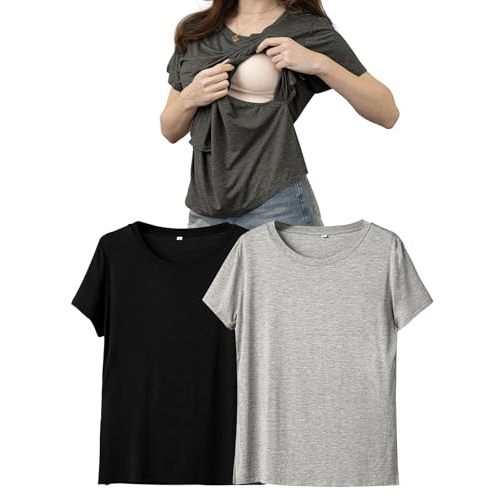 Rnxrbb Hidden Summer Nursing Tops for Breastfeeding Short Sleeve Maternity Nursing T Shirts Clothes 3 Pack Double Layer