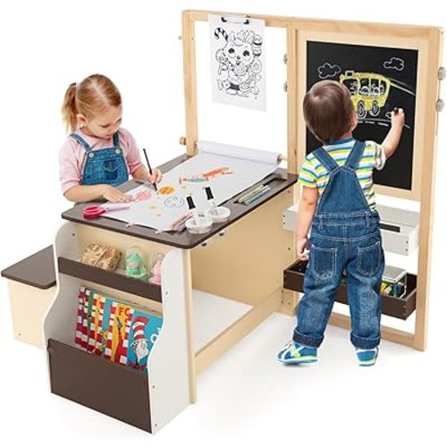 Costzon Chevalet pour enfants, centre d'art en bois avec tableau noir double face et tableau blanc, rouleau de papier pour dessin, artisanat, écriture, table d'activités pour tout-petits avec