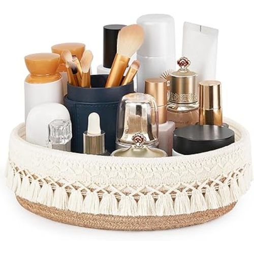 Mkono Makeup Perfume Holder Organizer Macrame Decorative Woven Rope Basket Boho Decor Cosmetics Desk Storage Baskets for Dresser Skin Care Lotions Essential Oils Dorm Room Essentials,Yellow and White