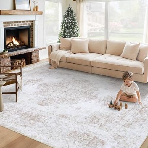 Area Rug 6x9 Living Room Rug, Machine Washable Vintage Distressed Medallion Rug Non-Slip Soft Low Pile Large Indoor Rugs for Bedroom Kitchen Dining Room Office(Beige,6'x9')