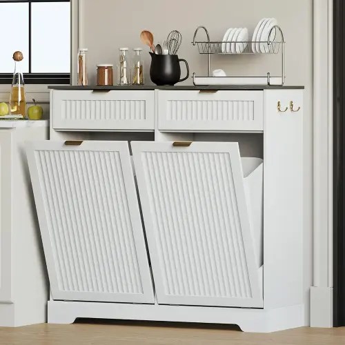 2x13 Gallons Double Tilt Out Trash Can Cabinet, Wooden Fluted Trash Garbage Can Cabinet with 2 Drawers, Hidden Laundry Hamper with Hooks for Kitchen Living Room, White