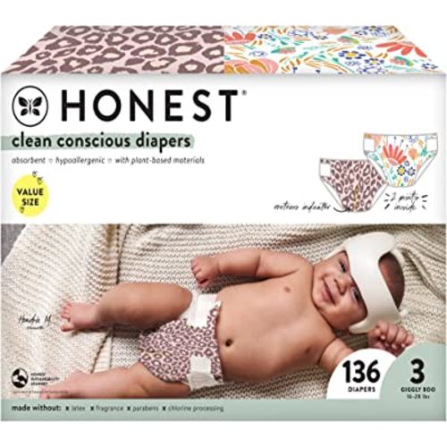 The Honest Company Clean Conscious Diapers | Plant-Based, Sustainable | Wild Thang + Flower Power | Super Club Box, Size 3 (16-28 lbs), 136 Count