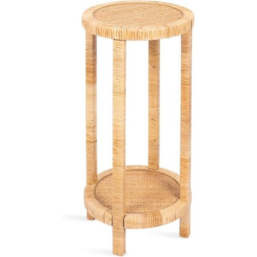 Kate and Laurel Rafina Round Rattan Drink Table, 13 x 13 x 28, Natural Brown, Transitional Boho Circle Wooden Accent Pedestal Table for Indoor Plant Stand or Living Room Decor Accent