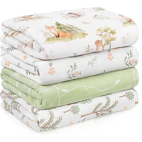 Civarua Kids Muslin Swaddle Blankets for Newborn, 4 Pack Cotton Baby Blankets Neutral, Large 31.5 x 43.3 Breathable Soft Receiving Blanket, Essentials Swaddle Wrap Burping Clothes, Green Jungle Animal