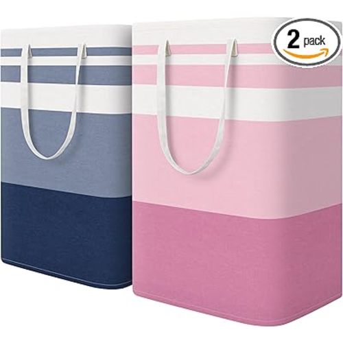 HomeHacks 2 Pack Large Laundry Baskets, Waterproof, Freestanding Laundry Hampers, Collapsible Clothes Hamper with Reinforced Handles in Laundry, College Dorm, Bathroom, Bedroom (Blue+Pink, 75Lx2)
