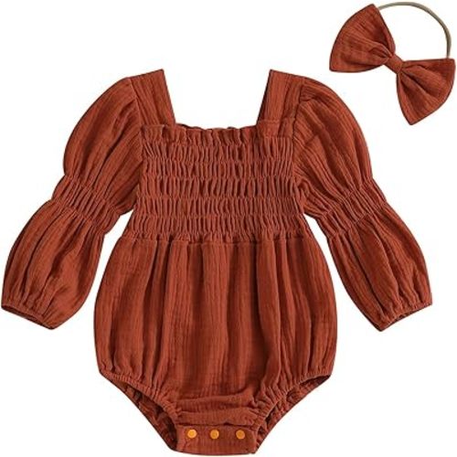 Smocked Baby Girl Clothes Newborn Girl Bubble Romper Long Sleeve Jumpsuit And Headband Outfit Cute Infant Clothing