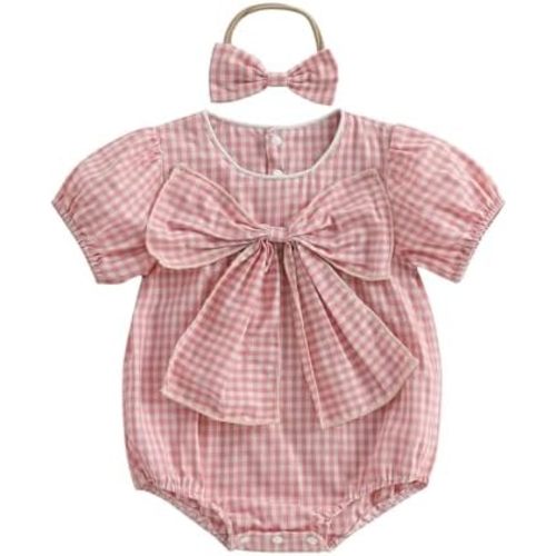 Newborn Baby Girl Summer Clothes Gingham Short Sleeve Bubble Romper Bow Plaid Bodysuit Jumpsuit with Headband