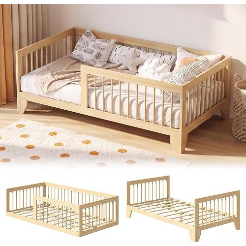Twin Montessori Floor Bed for Kids, Removable Rails, Burlywood